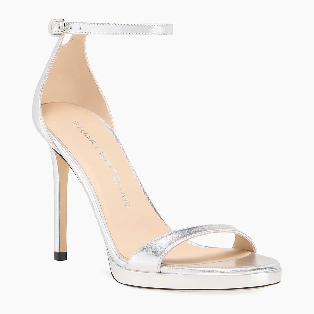 Stuart Weitzman Nudist 100MM Metallic Leather Platform Sandals Silver Size 10